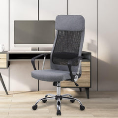 Kuber Industries Ergonomic Office Chairs for Work From Home | Comes with Manual Height Adjustable, Armrest, Headrest & 2D Lumbar Support | Comfy Study Chair for Students with Wheels | Grey | MC10-GY