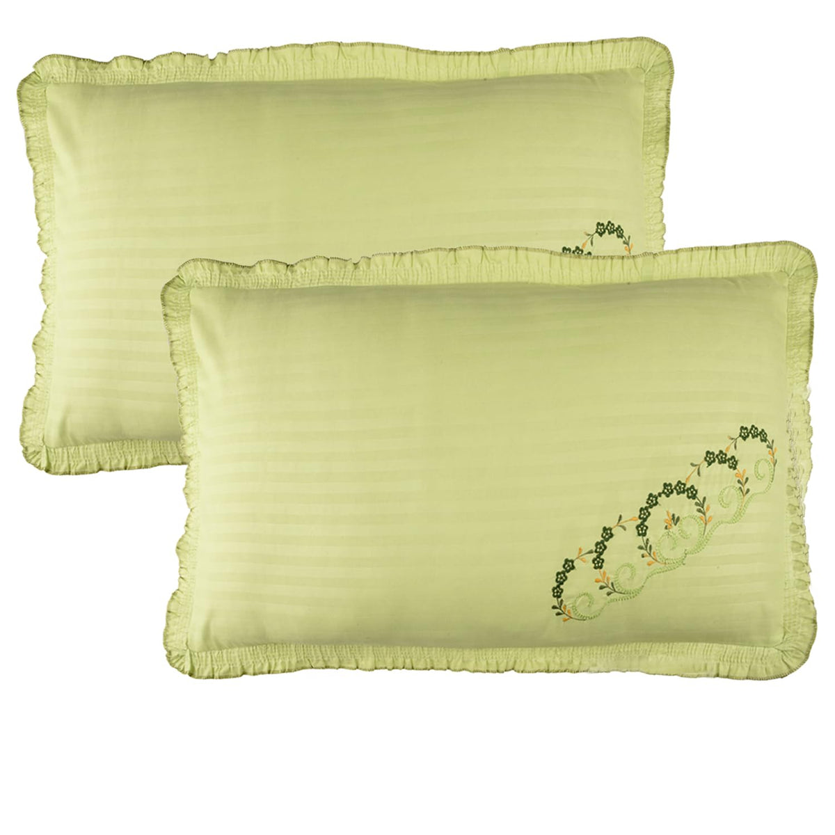 Heart Home Pillow Cover | Cotton Pillow Cover Set | Cushion Pillow Cover Set | Pillow Cover Set for Bedroom | Lining Embroidery Pillow Cover Set | 2 Piece Set | Parrot Green