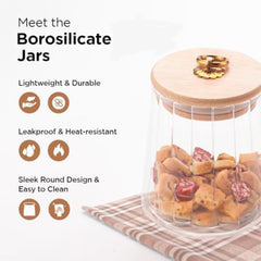 Urbane Home Borosilicate Glass Jar with Bamboo Lid | Kitchen Organizer Items and Storage | Multi-utility, Leakproof, Airtight Jar for Cookies, Snacks, Tea, Coffee, Sugar | 620 ml | Pack of 4