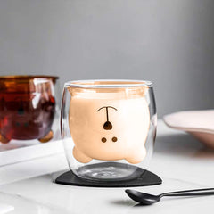 Kuber Industries Pack of 2 Cute Teddy Bear Cups | Heat Resistant |Borosilicate Double Wall Glass Cups | Scratch Proof | 250 ML | Amber