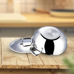 Urbane Home Tri-ply Stainless Steel Kadhai with lid I Induction Base I 2.2 litres Capacity I 22cm Diameter I Extra Deep Frying Pan I Riveted Handles