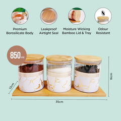 Urbane Home Borosilicate Glass Containers with Bamboo Lid and Tray|Kitchen Organizer Items and Storage|Multipurpose Airtight Containers|3 Pieces Kitchen Containers Set-850ml Each