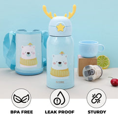 Kuber Industries Water Bottle for Kids|Stainless Steel Flask with Straw, Cup & Fabric Cover|Sipper Bottle for Kids|Food Grade Plastic Lid|Broad Fabric Strap|Leak Proof, BPA Free|500 ml (Pack of 2)