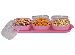 Heart Home Food Grade Microwave Safe Plastic 1 Tray & 3 Bowls Set with Silicon Rubberized Ring Lid (Pink)-50HH01374