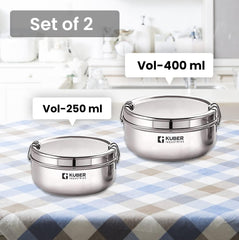 Kuber Industries Set of 2 Stainless Steel Food Pack Lunch Box with Locking ClipI 250 ml and 400 ml I Clip Tiffin Box I Office Home School Tiffin Dabba (Pack of 2)