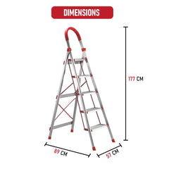 Kuber Industries 5 Step Heavy-Duty Foldable Aluminium Ladder with Wide Pedals and Hand Grip for Home and Office Use | Anti Slip Step Staircase for Home | Supports 150+ Kgs | Silver & Red