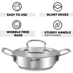 Urbane Home Tri-ply Stainless Steel Kadhai with lid I Induction Base I 2.2 litres Capacity I 22cm Diameter I Extra Deep Frying Pan I Riveted Handles
