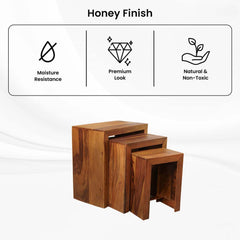 Kuber Industries Set of 3 Handcraft Sheesham Wooden Nesting Table/Stool for Home, Bedroom & Office | Honey Finish Peg Tables for Living Room | Nested Table Furniture | Natural Wooden Brown