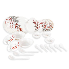 Kuber Industries 32 Pieces Round Melamine Microwave & Dishwasher Safe Dinnerware Kitchen Crockery Set | Glossy Dinner Sets & Kitchen Set for Home | Deluxe Red Gray Leaf - White