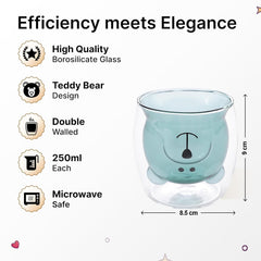 Kuber Industries Pack of 2 Cute Teddy Bear Cups | Heat Resistant |Borosilicate Double Wall Glass Cups | Scratch Proof | 250 ML | Blue