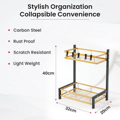 Kuber Industries 2-Layer Dish Drying Rack|Storage Rack for Kitchen Counter|Drainboard & Cutting Board Holder|Premium Utensils Basket Pack of 4 (Black & Gold)