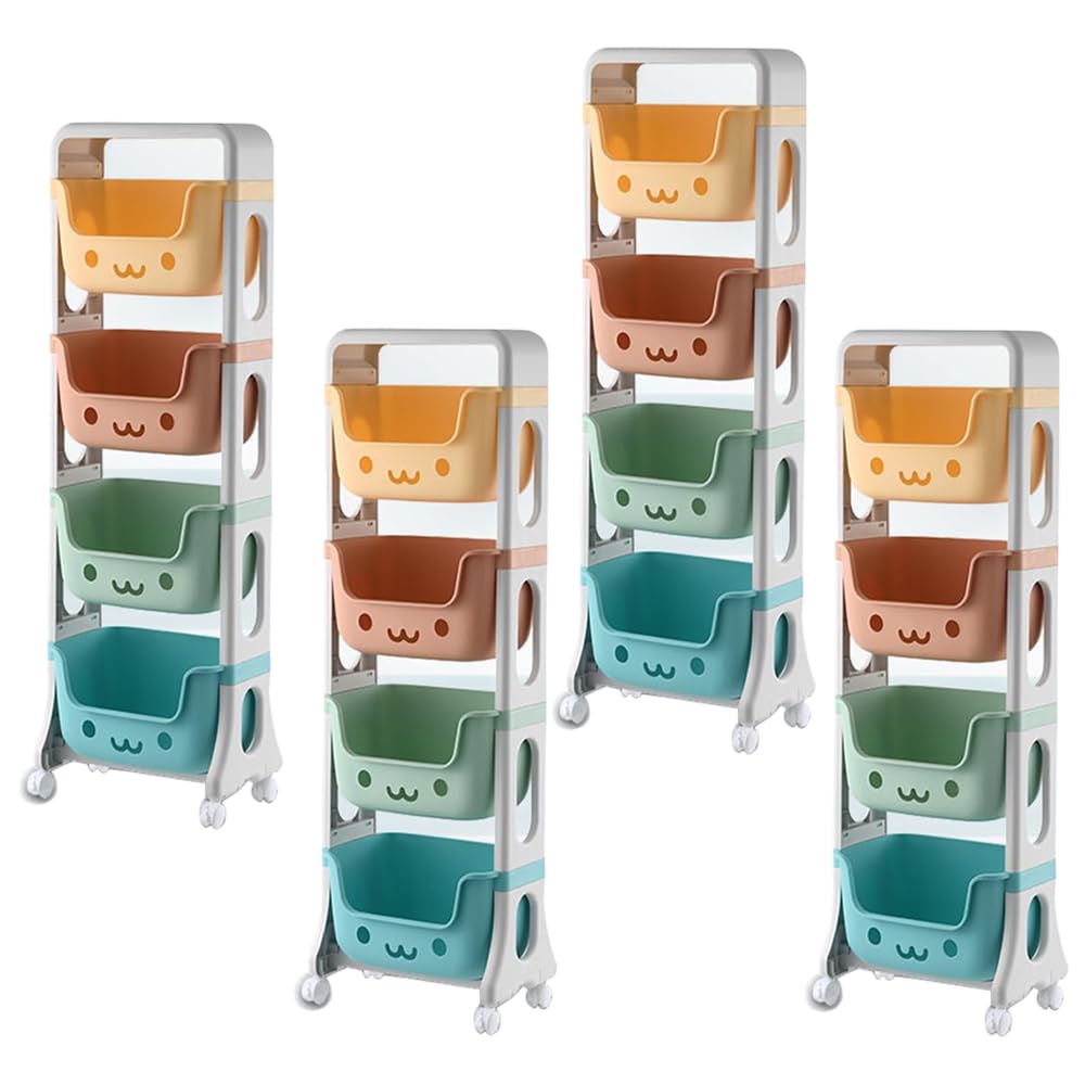 Kuber Industries 4 Layer Smiley Design Children's Storage Rack|Kids Toy Storage Organizer|4-Layer Rolling Cart|Pack of 4|Multicolor|