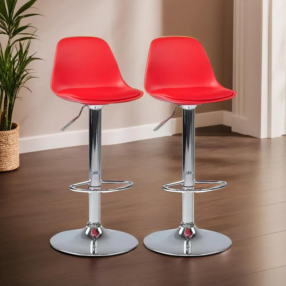Kuber Industries Pair of 2 Revolving Curvy Bar Stool Chair for Kitchen with Footrest & 360 Swivel | 32 inch Height Adjustable High Chair Combo for Breakfast Counter & Cafeteria | Red