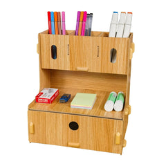 Urbane Home 3 Compartments with One Bottom Drawer Pen Stand for Office | MDF Wood Rack | Aesthetic Stationery Stand for Office Table Accessories | Burlywood | 23.3x17.5x25.5cm