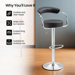 Heart Home Curvy Bar Stool Chair for Kitchen with PU Leather Seat Cushion, Footrest & 360 Swivel | 32 inch Height Adjustable High Chair for Breakfast Counter & Cafeteria | Black & Chrome