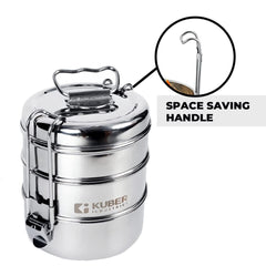 Kuber Industries Clipper Stainless Steel Tiffin Box | Lunch Box with Locking Clip I Silver | Set of 3 Box | Everyday use Home Office Steel Lunch Box (3 Container, 1000ml) (Pack of 6)