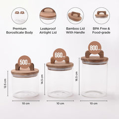 Kuber Industries Borosilicate Glass Jars with Wooden Lids and Handles | Airtight Containers with lid | Kitchen Organization Items & Storage | Transparent | Multipurpose | 500ml 660ml 800ml | Pack of 3
