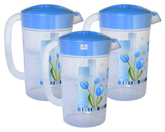Heart Home Flower Printed Unbreakable Multipurpose Plastic Water Jug/Pitcher with Lid, 2.4 LTR.- Pack of 3 (Blue)-HS42KUBMART25241