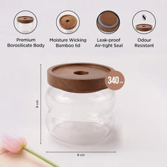 Urbane Home Borosilicate Glass Jar with Bamboo Lid | Kitchen Organizer Items & Storage | Multi-utility, Leakproof, Airtight Storage Jar for Cookies, Snacks, Tea, Coffee, Sugar | Set of 2 (340ml)