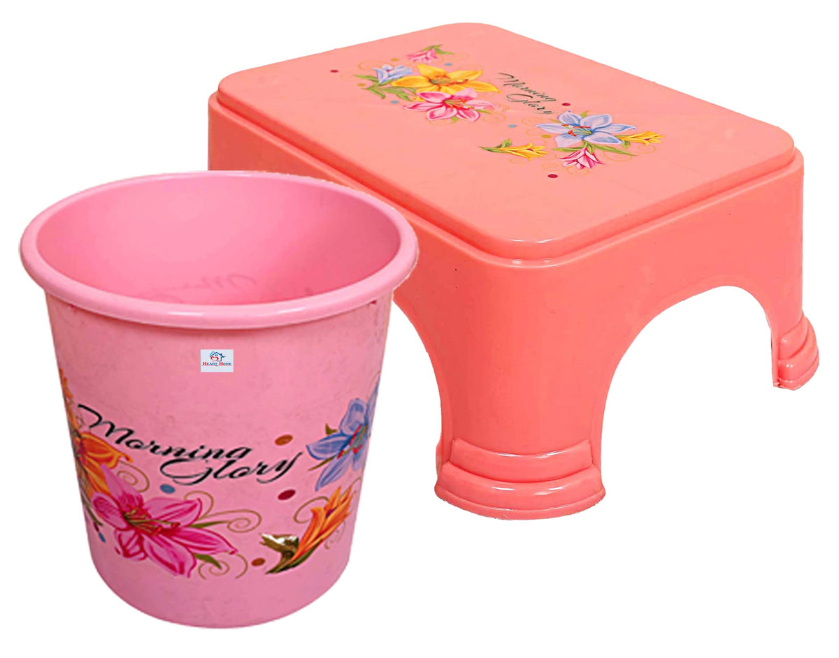 Heart Home Printed 2 Pieces Plastic Bathroom Dustbin & Stool Set (Pink)