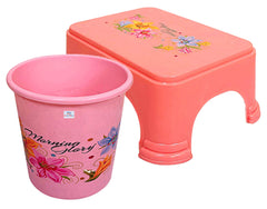 Heart Home Printed 2 Pieces Plastic Bathroom Dustbin & Stool Set (Pink)