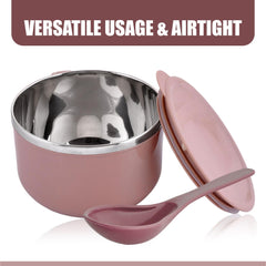 Heart Home Noodle & Soup Bowl Set | Steel Noodle Bowl with Spoon | Airtight Bowl for Pasta-Rice | Food Container | Office Bowl | Kitchen Bowl Set | 600 ML | Brown