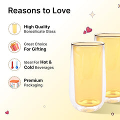 Kuber Industries 2 Pcs Double Walled Borosilicate Glass | High Thermal Resistance | Microwave & Dishwasher Safe | 240 ML | Pack of 1 | Yellow