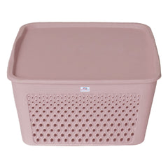 Heart Home Netted Design Unbreakable Multipurpose Square Shape Plastic Storage Baskets with lid Small Pack of 2 (Grey)