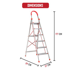 Kuber Industries 6 Step Heavy-Duty Foldable Aluminium Ladder with Wide Pedals and Hand Grip for Home and Office Use | Anti Slip Step Staircase for Home | Supports 150+ Kgs | Silver & Red