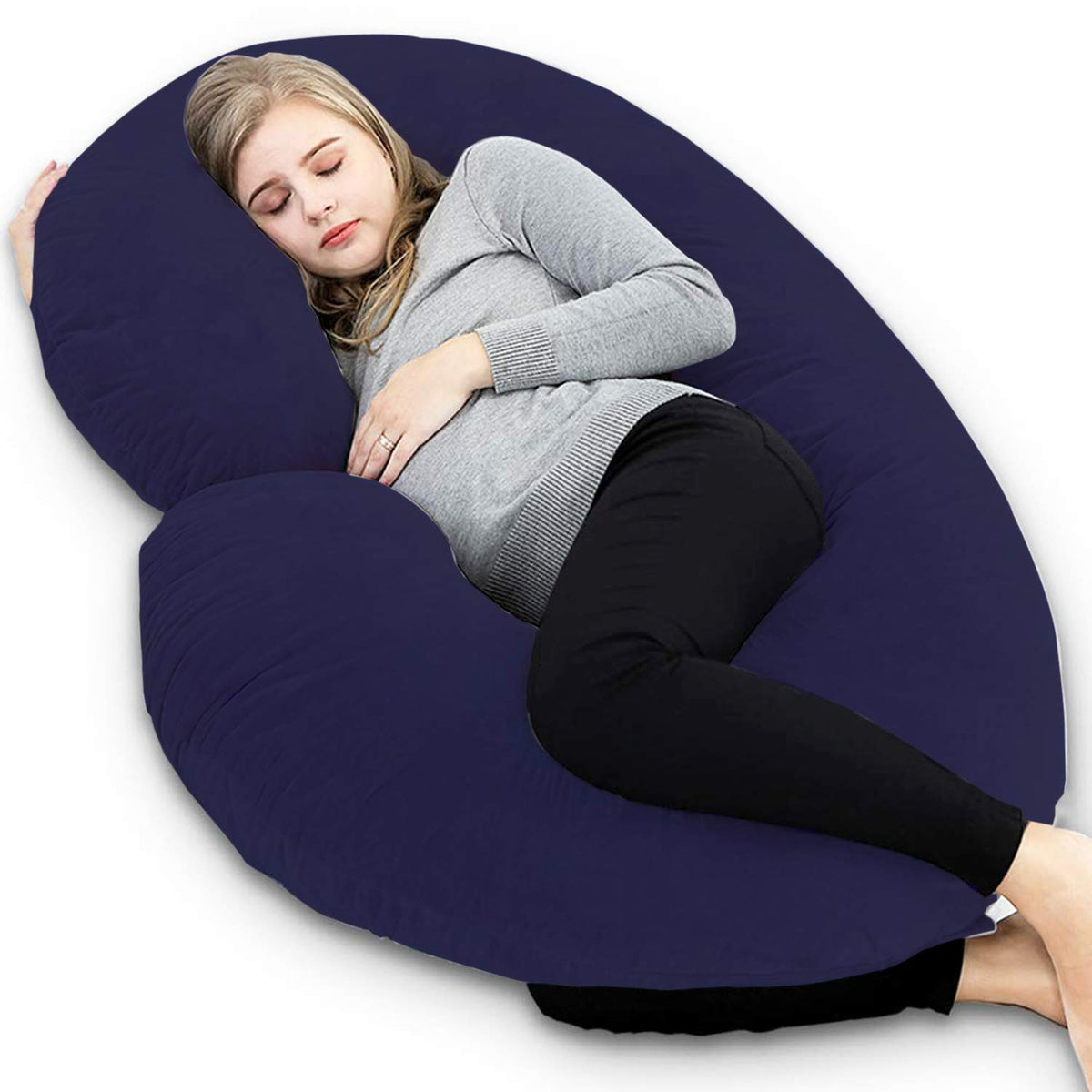 Heart Home Cotton Ultra Soft Hollow Fibre C Shaped Maternity Pillow, Pregnancy Pillow, Body Pillow with Zippered Cover (Navy Blue)- CTHH5949