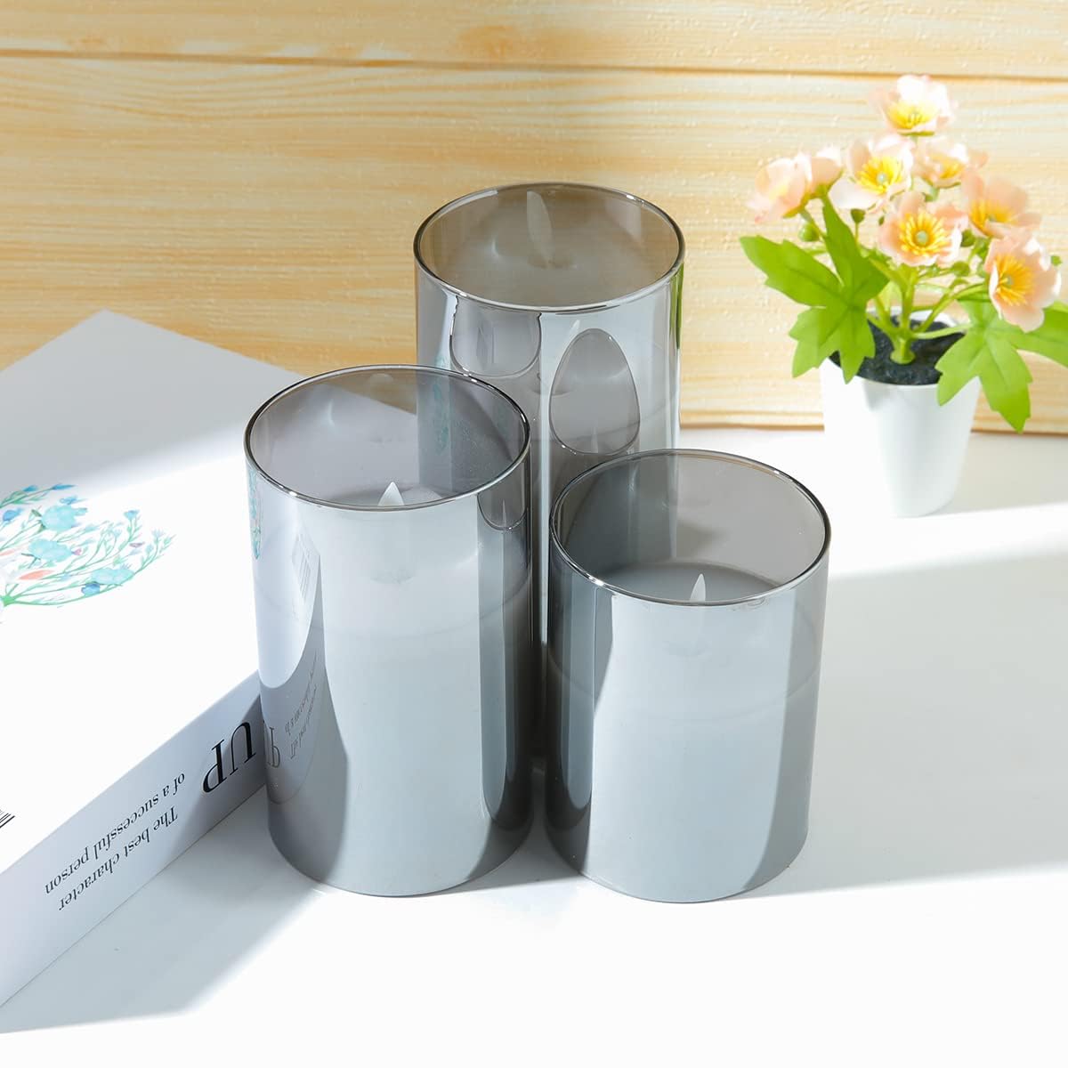 Kuber Industries Pack of 3 LED Candles for Home Decoration|Battey Operated|Flameless Yellow Light|Diwali Lights for Home Decoration,Along with Other Festivities & Parties|Set of 3|B0-004D|Gray