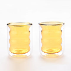 Urbane Home 2 Pcs Waved Shape Glasses | Double Walled Borosilicate Glass | High Thermal Resistance | Microwave & Dishwasher Safe | 200 ML | Pack of 1 | Yellow