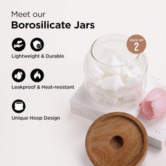 Urbane Home Borosilicate Glass Jar with Bamboo Lid | Kitchen Organizer Items & Storage | Multi-utility, Leakproof, Airtight Storage Jar for Cookies, Snacks, Tea, Coffee, Sugar | Set of 2 (340ml)