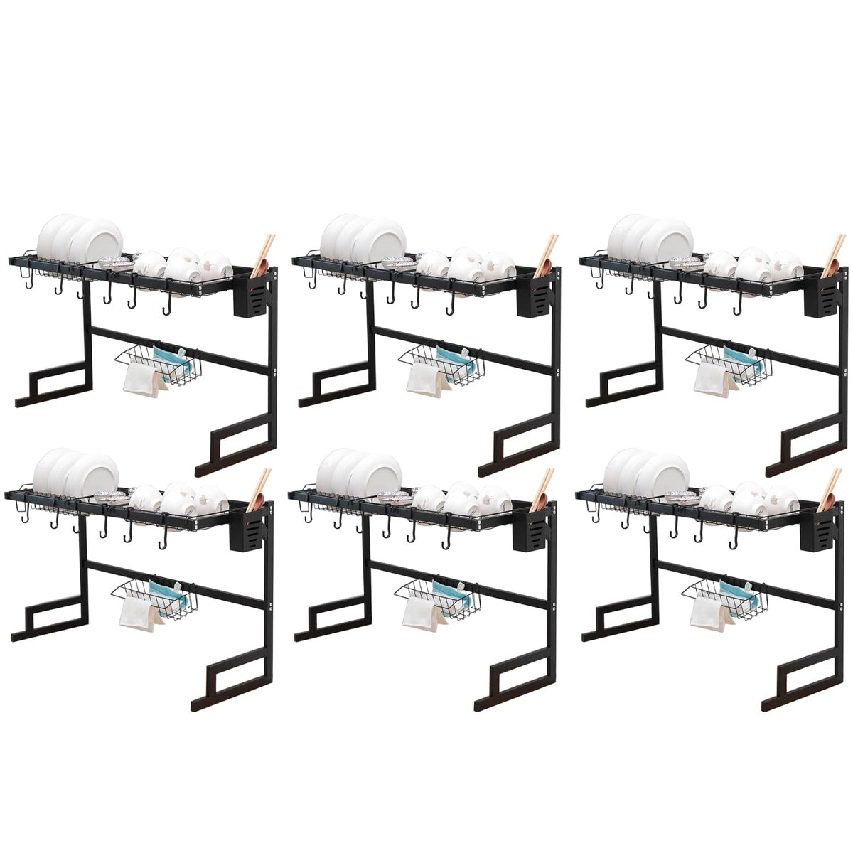 Kuber Industries Dish Drying Rack|Storage Rack for Kitchen Counter|Drainboard & Cutting Board Holder|Premium Utensils Basket Pack of 6 (Black)