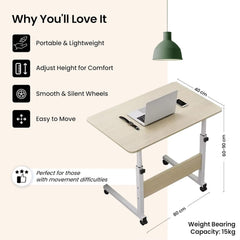 Kuber Industries Ergonomic Manual Height Adjustable Table for Work & Study with Wheels | Portable Standing Desk & Laptop Tables for Work from Home & Office | LF180MAP-White