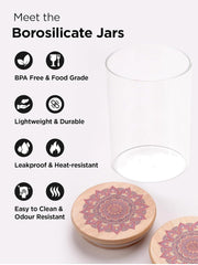 Homestic Borosilicate Glass Jar with Printed Bamboo Lid | Multi-utility | Leakproof | Airtight Jar for Cookies, Snacks, Tea, Coffee, Sugar |Pack of 3 (300ml, 600ml, 1000ml)