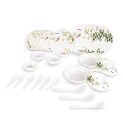 Heart Home 32 Pieces Round Melamine Microwave & Dishwasher Safe Dinnerware Kitchen Crockery Set | Glossy Dinner Sets & Kitchen Set for Home | Deluxe Lavender Floral - White
