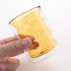 Urbane Home 2 Pcs Waved Shape Glasses | Double Walled Borosilicate Glass | High Thermal Resistance | Microwave & Dishwasher Safe | 200 ML | Pack of 1 | Yellow