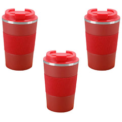 Kuber Industries Stainless Steel Insulated Coffee Mug with Sleeve|Travel Coffee Mug 380 ML-Pack of 3|Red|