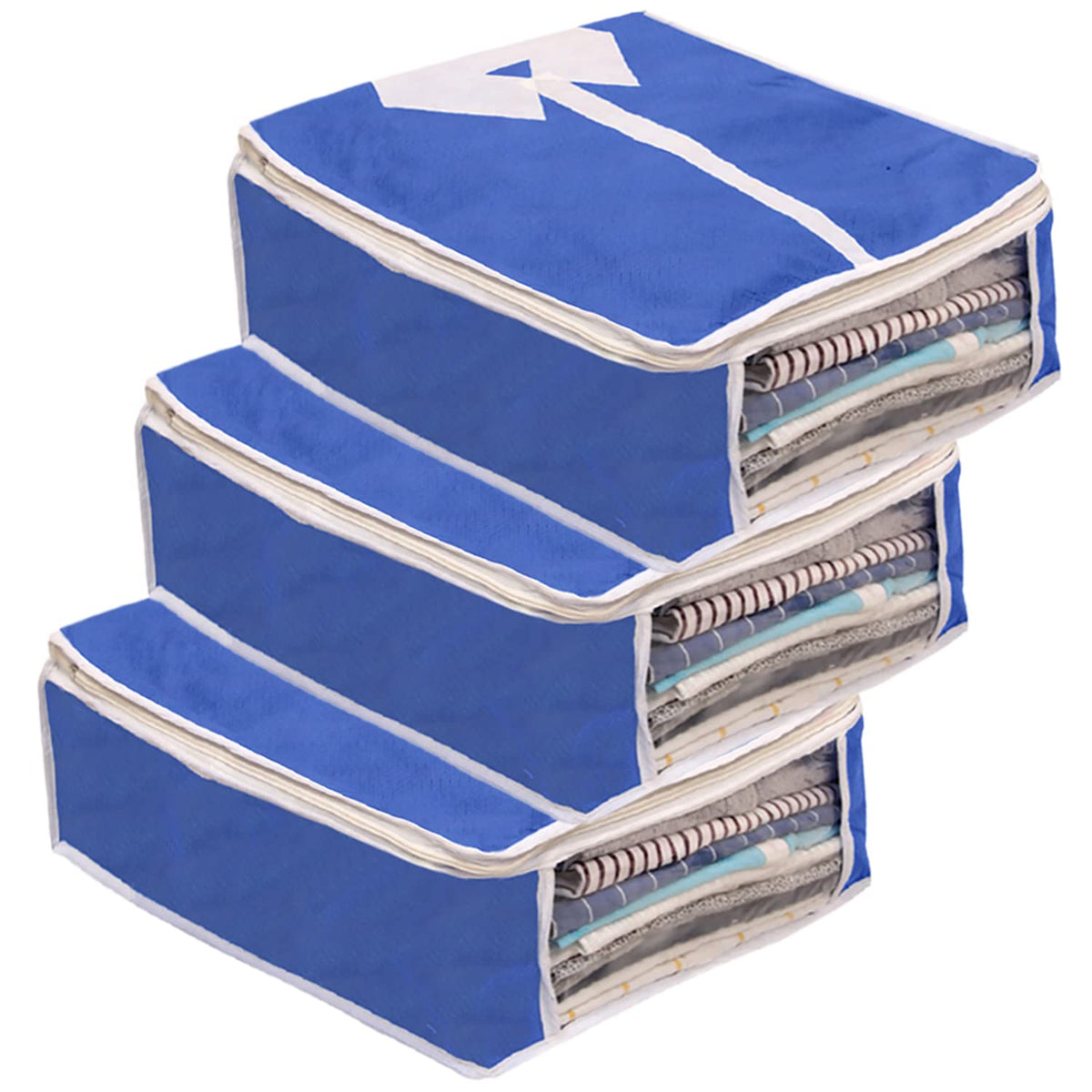 Kuber Industries Foldable Non-Woven Shirt T-shirt Trousers Jeans Organizer with Clear Window- Pack of 3 (Blue) -HS43KUBMART26158