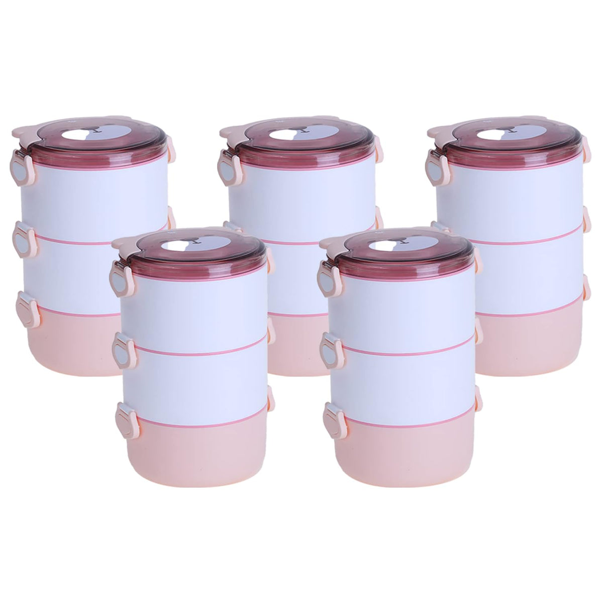 Kuber Industries Insulated Lunch Box with 3 Compartments|100% BPA Free, Food Grade ABS Plastic|Leakproof & Spill Proof|Dishwasher & Microwave Safe Lunch Box|3000 ML|HX0034190|Pink (Pack of 5)