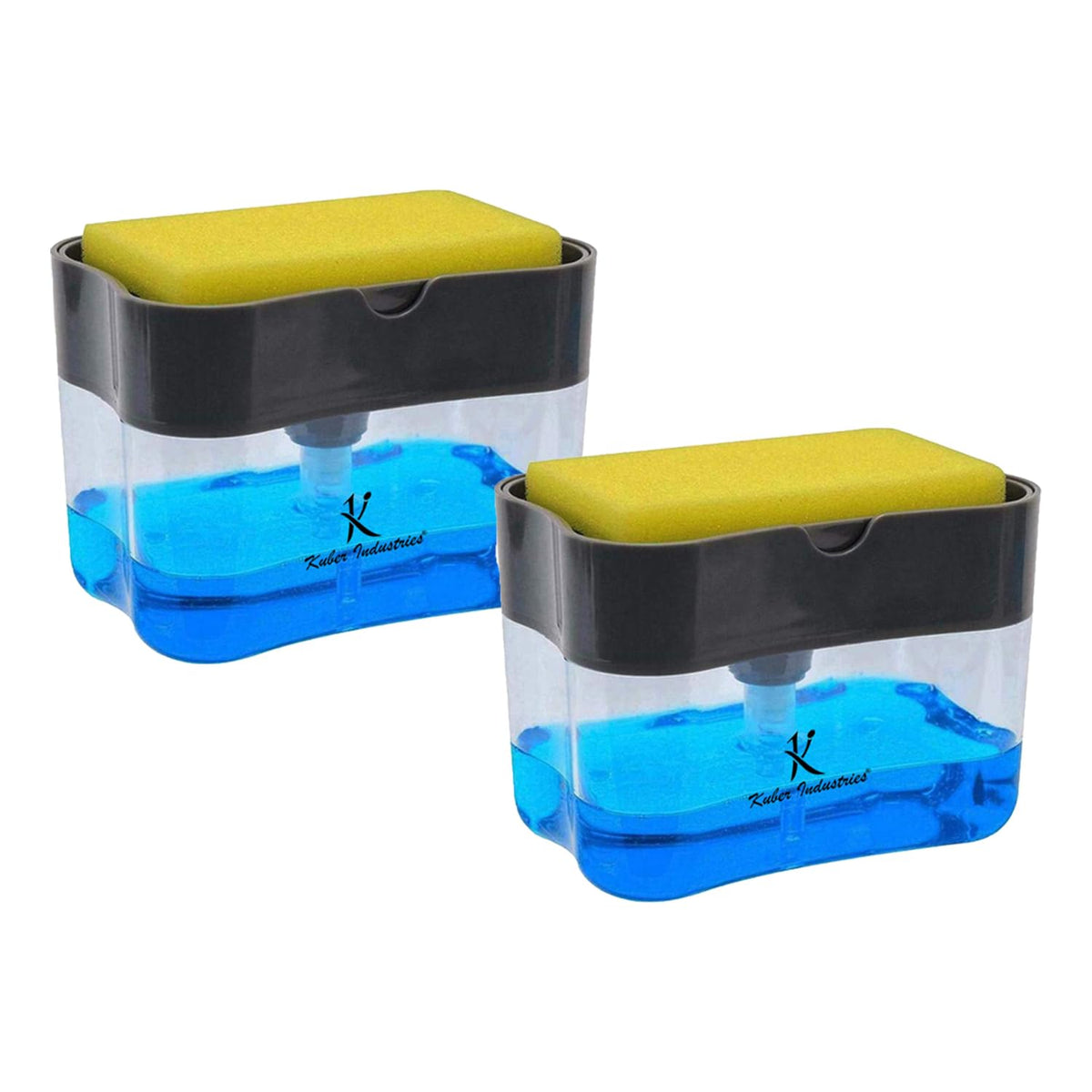 Kuber Industries Pack of 2 Rectangle Liquid Soap Dispenser for Kitchen | with Pump and Sponge Holder | Plastic, Lightweight & Durable | Multipurpose Use, Ergonomic Design & Easy to Clean | Grey