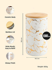 Urbane Home 1000ml Ceramic Jar for Kitchen Storage | Air Tight Container Set with Bamboo Lid | Kitchen Container for Snacks, Tea, Sugar | Multipurpose Organizer | White with print | Pack of 2