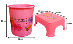 Heart Home Printed 2 Pieces Plastic Bathroom Dustbin & Stool Set (Pink)