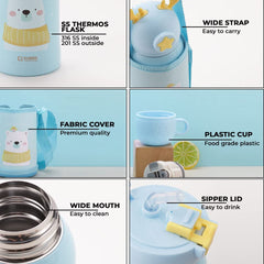 Kuber Industries Water Bottle for Kids|Stainless Steel Flask with Straw, Cup & Fabric Cover|Sipper Bottle for Kids|Food Grade Plastic Lid|Broad Fabric Strap|Leak Proof, BPA Free|500 ml (Pack Of 3)