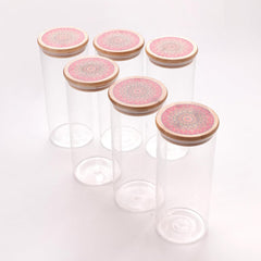 Urbane Home Borosilicate Glass Jar with Printed Bamboo Lid|Kitchen Organizer Items and Storage|Multi-utility, Leakproof, Airtight Storage Jar for Cookies,Snacks,Tea,Coffee,Sugar|Pack of 6(1000ml)