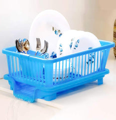 Kuber Industries 3 in 1 Large Durable Plastic Kitchen Sink Dish Rack Drainer Drying Rack Washing Basket with Tray for Kitchen, Dish Rack Organizers, Utensils Tools Cutlery (Blue)-KUBMARTK10733