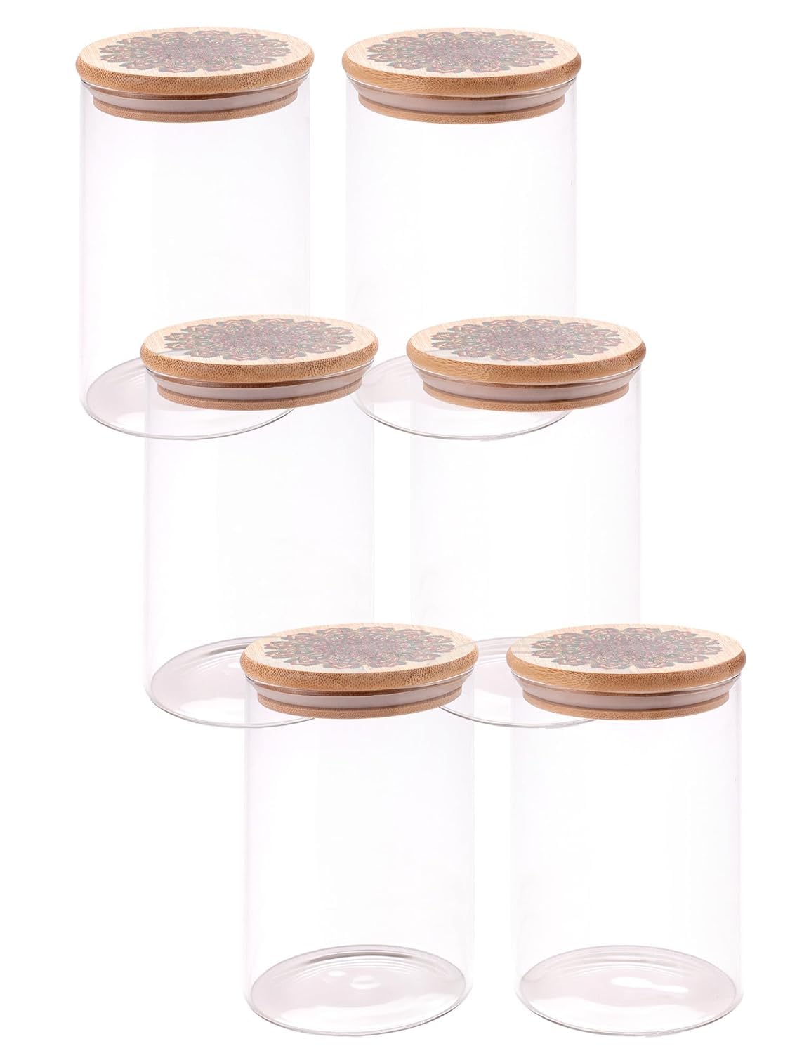 Heart Home Borosilicate Glass Jar with Printed Bamboo Lid|Kitchen Organizer Items and Storage|Multi-utility, Leakproof, Airtight Storage Jar for Cookies,Snacks,Tea,Coffee,Sugar|Pack of 6(1000ml)