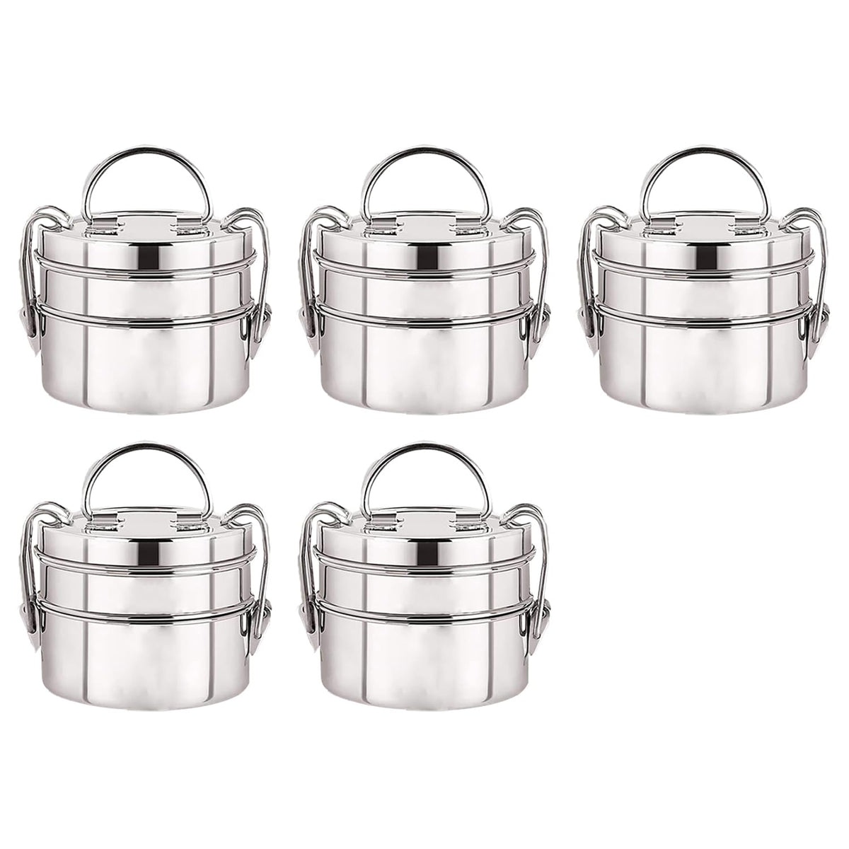 Kuber Industries Clipper Stainless Steel Tiffin Box | Lunch Box with Locking Clip I Silver | Set of 2 Box | Everyday use Home Office Steel Lunch Box (2 Container, 1000ml) (Pack of 5)