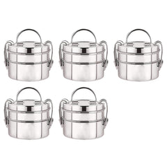 Kuber Industries Clipper Stainless Steel Tiffin Box | Lunch Box with Locking Clip I Silver | Set of 2 Box | Everyday use Home Office Steel Lunch Box (2 Container, 1000ml) (Pack of 5)